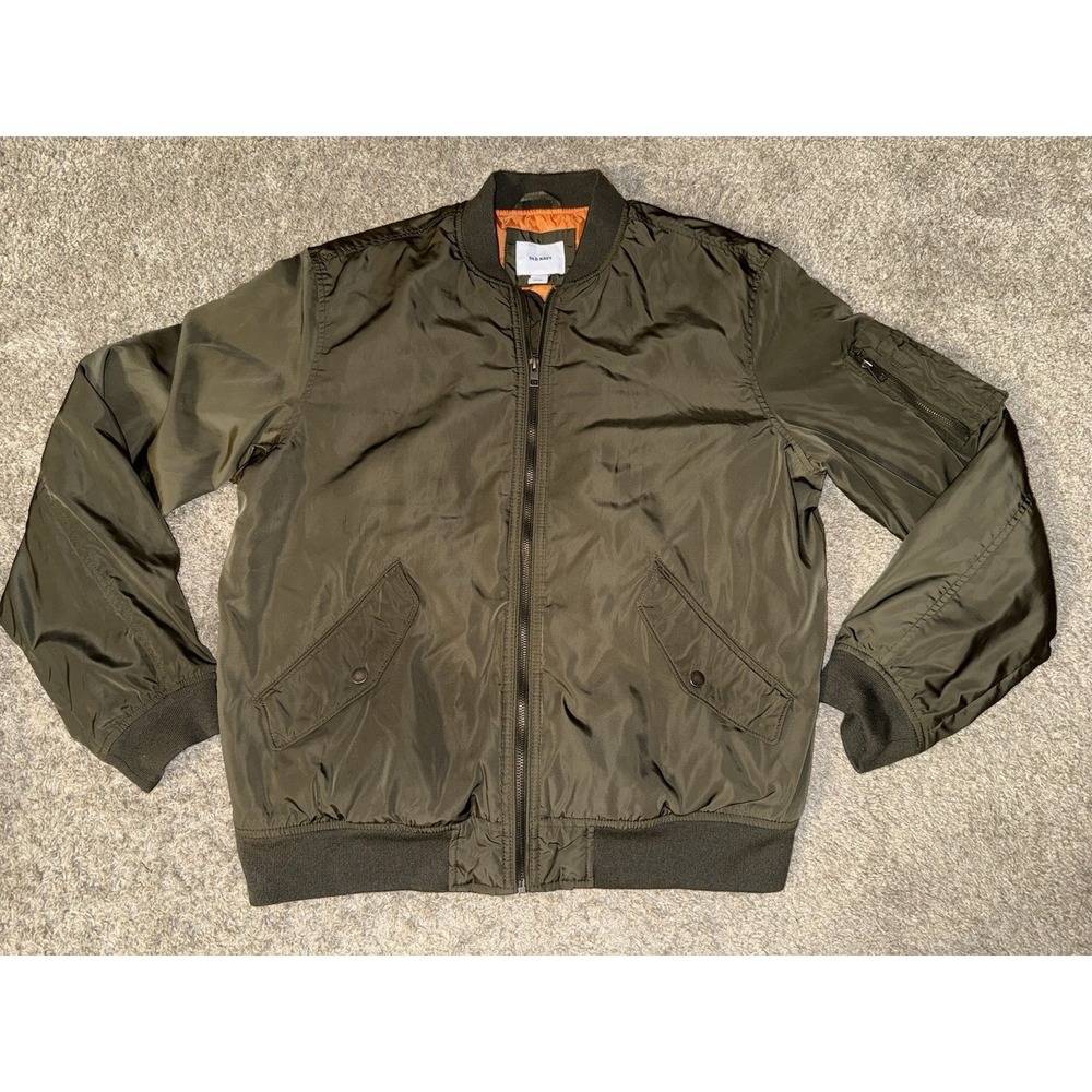Y2K Old Navy Jacket Men's Large Green MA-1 Bomber Orange Lining Army Flight